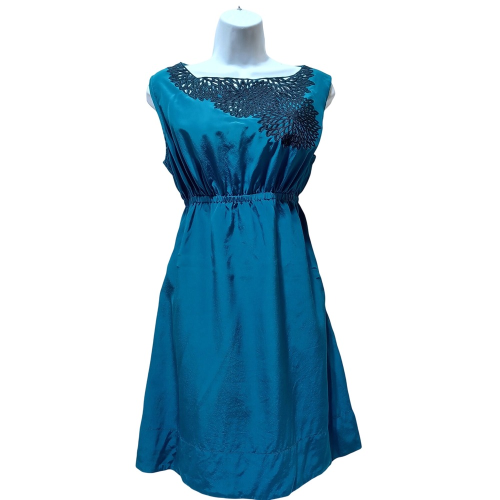 Matty M Womens Mini Dress M Teal Silk Black Floral Cutout Boho Cocktail Y2K